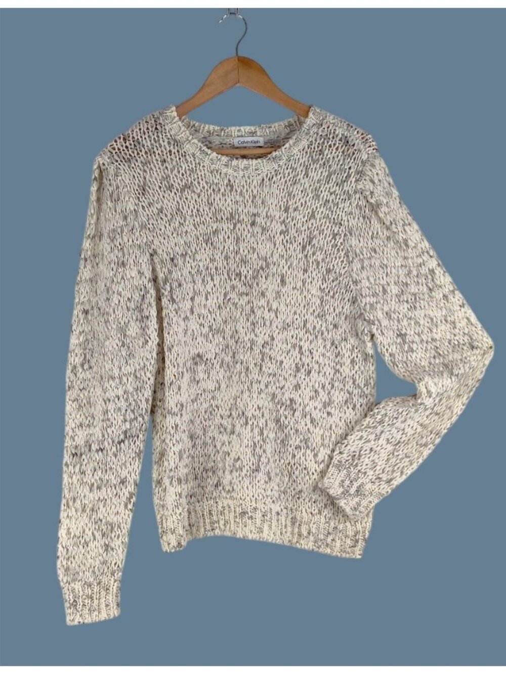 Speckled Open-Weave Chunky Sweater XL Calvin Klein Gray-Green Cream Crewneck